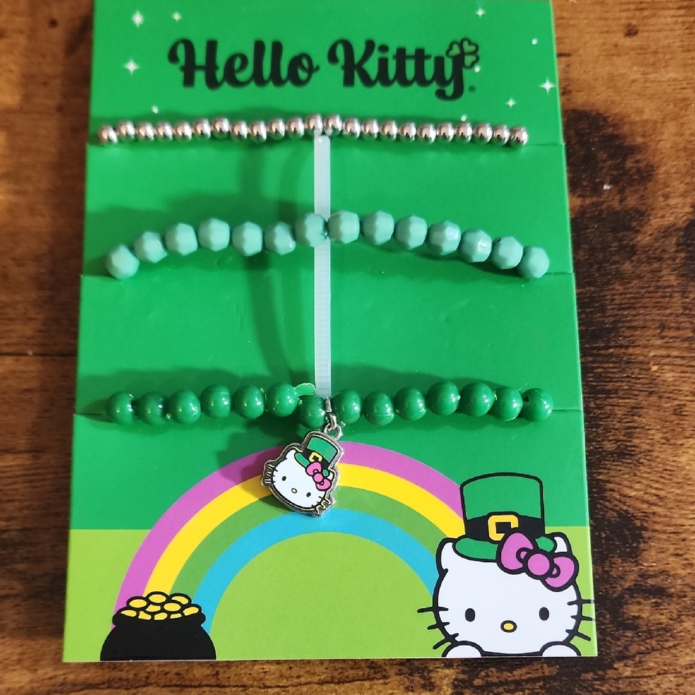 Hello Kitty Green Beaded Bracelet Trio with Charm
